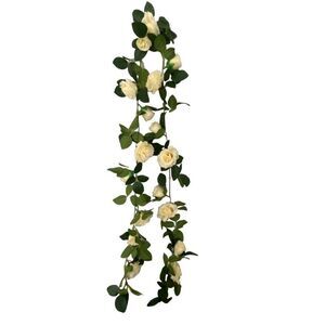 Cream Ivory Off White Rose Garland 7' Long Green Leaf Foliage Faux Flowers